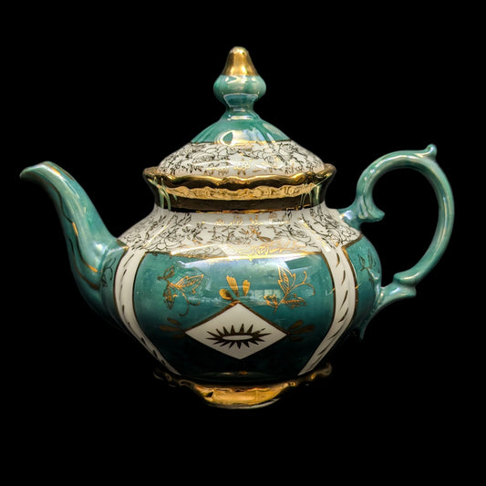 Mid-Century Demitasse Teapot (Turquoise Lusterware with Gilt Overlay), Circa 1950 🧿⚜️✨