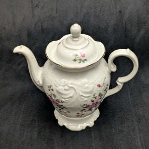Wawel Fine Porcelain Teapot (Pink Rose Swag and Rococo Revival Molded Body), Circa 1970s 🇵🇱🌹⚜️