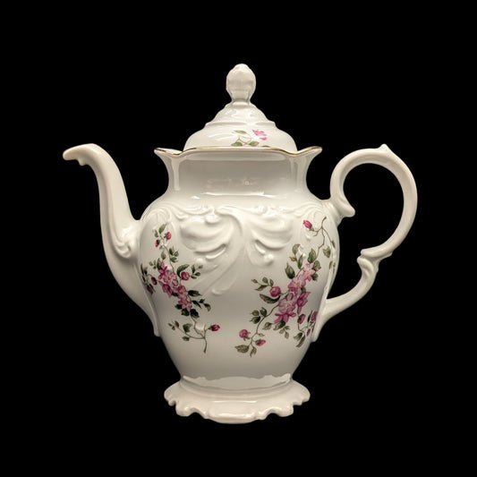 Wawel Fine Porcelain Teapot (Pink Rose Swag and Rococo Revival Molded Body), Circa 1970s 🇵🇱🌹⚜️