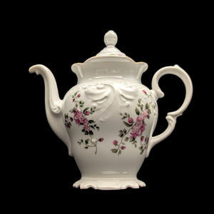 Wawel Fine Porcelain Teapot (Pink Rose Swag and Rococo Revival Molded Body), Circa 1970s 🇵🇱🌹⚜️