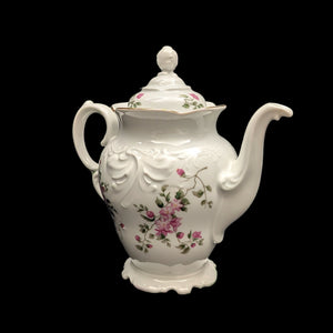 Wawel Fine Porcelain Teapot (Pink Rose Swag and Rococo Revival Molded Body), Circa 1970s 🇵🇱🌹⚜️