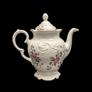 Wawel Fine Porcelain Teapot (Pink Rose Swag and Rococo Revival Molded Body), Circa 1970s 🇵🇱🌹⚜️