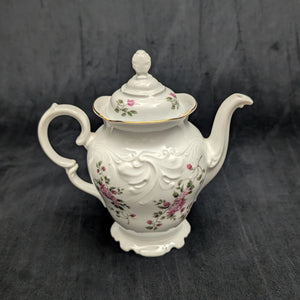 Wawel Fine Porcelain Teapot (Pink Rose Swag and Rococo Revival Molded Body), Circa 1970s 🇵🇱🌹⚜️