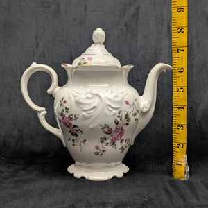 Wawel Fine Porcelain Teapot (Pink Rose Swag and Rococo Revival Molded Body), Circa 1970s 🇵🇱🌹⚜️