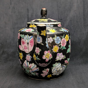 Jingdezhen Famille Noire Teapot (Hand-Enameled Multicolor Millefleur), Circa 1970s 🇨🇳🌸⚫️
