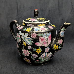 Jingdezhen Famille Noire Teapot (Hand-Enameled Multicolor Millefleur), Circa 1970s 🇨🇳🌸⚫️