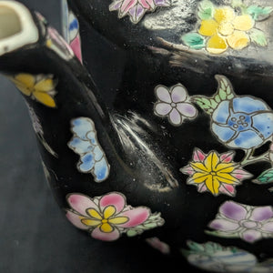 Jingdezhen Famille Noire Teapot (Hand-Enameled Multicolor Millefleur), Circa 1970s 🇨🇳🌸⚫️