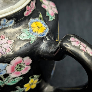 Jingdezhen Famille Noire Teapot (Hand-Enameled Multicolor Millefleur), Circa 1970s 🇨🇳🌸⚫️