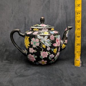 Jingdezhen Famille Noire Teapot (Hand-Enameled Multicolor Millefleur), Circa 1970s 🇨🇳🌸⚫️