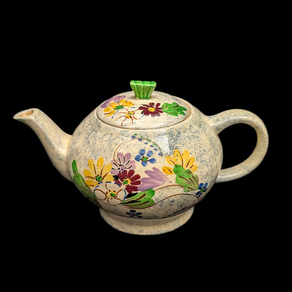 English Earthenware Teapot (Mottled Glaze with Hand-Painted Floral Decal), Circa 1940 🇬🇧🎨🏡