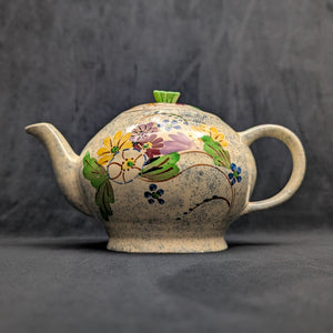English Earthenware Teapot (Mottled Glaze with Hand-Painted Floral Decal), Circa 1940 🇬🇧🎨🏡