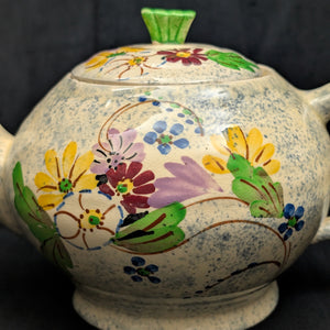 English Earthenware Teapot (Mottled Glaze with Hand-Painted Floral Decal), Circa 1940 🇬🇧🎨🏡