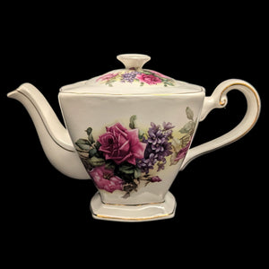 Crown Dorset Fine Ceramic Teapot (Square, Pink Rose & Lilac Bouquet), Staffordshire, Circa 1970s 🇬🇧🌹⚜️
