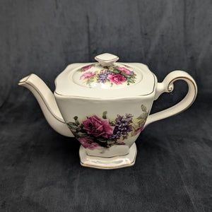 Crown Dorset Fine Ceramic Teapot (Square, Pink Rose & Lilac Bouquet), Staffordshire, Circa 1970s 🇬🇧🌹⚜️