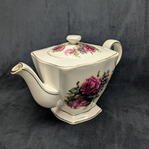 Crown Dorset Fine Ceramic Teapot (Square, Pink Rose & Lilac Bouquet), Staffordshire, Circa 1970s 🇬🇧🌹⚜️
