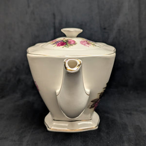 Crown Dorset Fine Ceramic Teapot (Square, Pink Rose & Lilac Bouquet), Staffordshire, Circa 1970s 🇬🇧🌹⚜️