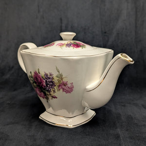 Crown Dorset Fine Ceramic Teapot (Square, Pink Rose & Lilac Bouquet), Staffordshire, Circa 1970s 🇬🇧🌹⚜️