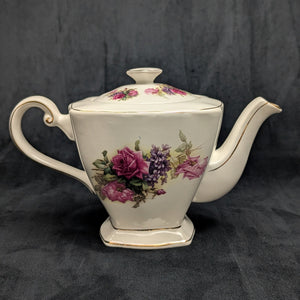 Crown Dorset Fine Ceramic Teapot (Square, Pink Rose & Lilac Bouquet), Staffordshire, Circa 1970s 🇬🇧🌹⚜️