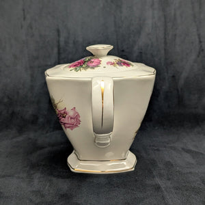 Crown Dorset Fine Ceramic Teapot (Square, Pink Rose & Lilac Bouquet), Staffordshire, Circa 1970s 🇬🇧🌹⚜️