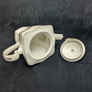 Crown Dorset Fine Ceramic Teapot (Square, Pink Rose & Lilac Bouquet), Staffordshire, Circa 1970s 🇬🇧🌹⚜️