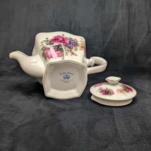 Crown Dorset Fine Ceramic Teapot (Square, Pink Rose & Lilac Bouquet), Staffordshire, Circa 1970s 🇬🇧🌹⚜️