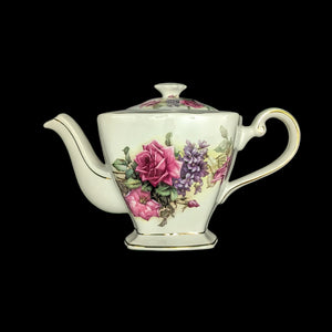 Crown Dorset Fine Ceramic Teapot (Square, Pink Rose & Lilac Bouquet), Staffordshire, Circa 1970s 🇬🇧🌹⚜️