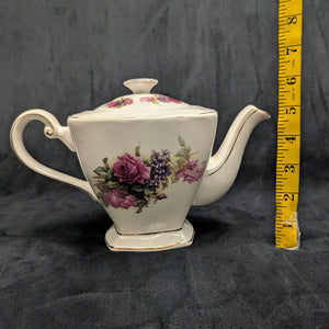 Crown Dorset Fine Ceramic Teapot (Square, Pink Rose & Lilac Bouquet), Staffordshire, Circa 1970s 🇬🇧🌹⚜️