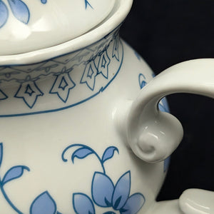 Unattributed Blue and White Teapot (Embossed Geometric Band and Chinoiserie Floral), Circa 1970s 💙🤍☕️
