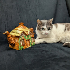 Japanese Figural Cottage Teapot (Thatched Roof and Branch Handle, Attributed Occupied Japan), Circa 1940s 🏡🇯🇵🎨