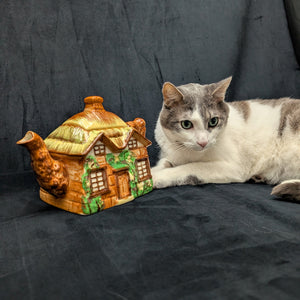 Japanese Figural Cottage Teapot (Thatched Roof and Branch Handle, Attributed Occupied Japan), Circa 1940s 🏡🇯🇵🎨