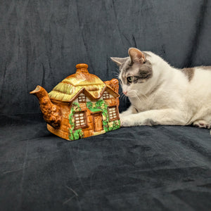 Japanese Figural Cottage Teapot (Thatched Roof and Branch Handle, Attributed Occupied Japan), Circa 1940s 🏡🇯🇵🎨