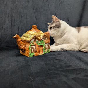 Japanese Figural Cottage Teapot (Thatched Roof and Branch Handle, Attributed Occupied Japan), Circa 1940s 🏡🇯🇵🎨