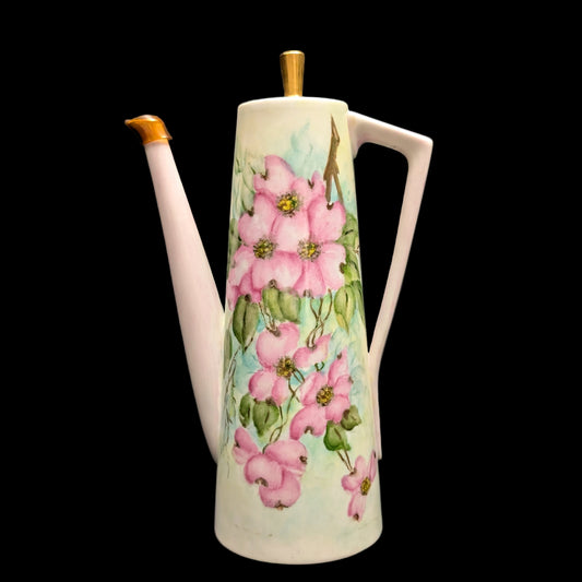 Hand-Painted Coffee Pot (Pink Dogwood Floral with Signed Inscription to Claudia), Mid-Century Art Ceramic 🌸✍️💖