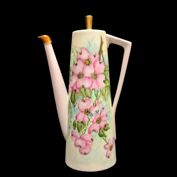 Hand-Painted Coffee Pot (Pink Dogwood Floral with Signed Inscription to Claudia), Mid-Century Art Ceramic 🌸✍️💖