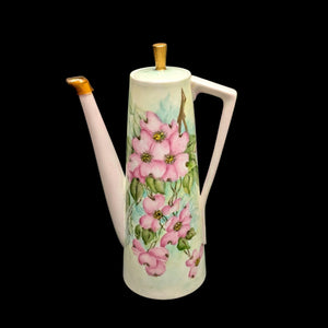 Hand-Painted Coffee Pot (Pink Dogwood Floral with Signed Inscription to Claudia), Mid-Century Art Ceramic 🌸✍️💖