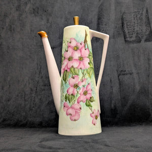 Hand-Painted Coffee Pot (Pink Dogwood Floral with Signed Inscription to Claudia), Mid-Century Art Ceramic 🌸✍️💖
