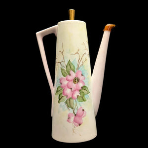 Hand-Painted Coffee Pot (Pink Dogwood Floral with Signed Inscription to Claudia), Mid-Century Art Ceramic 🌸✍️💖