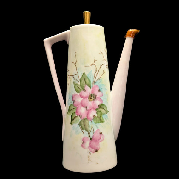 Hand-Painted Coffee Pot (Pink Dogwood Floral with Signed Inscription to Claudia), Mid-Century Art Ceramic 🌸✍️💖