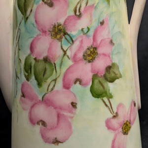 Hand-Painted Coffee Pot (Pink Dogwood Floral with Signed Inscription to Claudia), Mid-Century Art Ceramic 🌸✍️💖