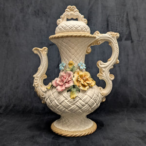 Capodimonte Style Ornamental Coffee Pot (Basket Weave, Applied Flowers, Made in Italy), Circa 1960s 🇮🇹👑🌹