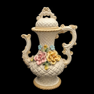 Capodimonte Style Ornamental Coffee Pot (Basket Weave, Applied Flowers, Made in Italy), Circa 1960s 🇮🇹👑🌹