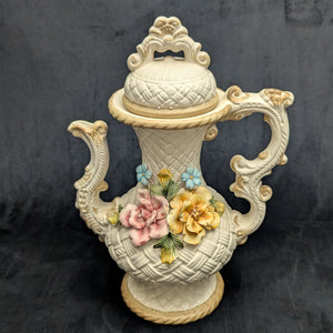 Capodimonte Style Ornamental Coffee Pot (Basket Weave, Applied Flowers, Made in Italy), Circa 1960s 🇮🇹👑🌹