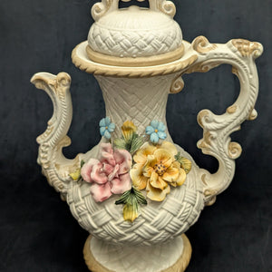 Capodimonte Style Ornamental Coffee Pot (Basket Weave, Applied Flowers, Made in Italy), Circa 1960s 🇮🇹👑🌹