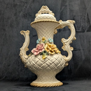 Capodimonte Style Ornamental Coffee Pot (Basket Weave, Applied Flowers, Made in Italy), Circa 1960s 🇮🇹👑🌹