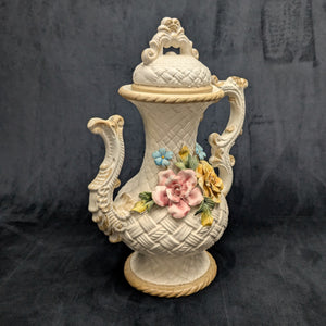 Capodimonte Style Ornamental Coffee Pot (Basket Weave, Applied Flowers, Made in Italy), Circa 1960s 🇮🇹👑🌹