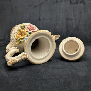 Capodimonte Style Ornamental Coffee Pot (Basket Weave, Applied Flowers, Made in Italy), Circa 1960s 🇮🇹👑🌹