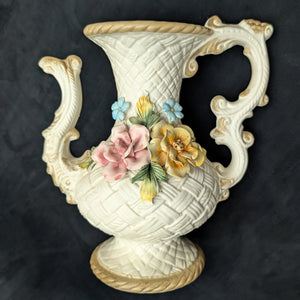 Capodimonte Style Ornamental Coffee Pot (Basket Weave, Applied Flowers, Made in Italy), Circa 1960s 🇮🇹👑🌹