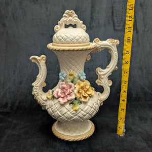 Capodimonte Style Ornamental Coffee Pot (Basket Weave, Applied Flowers, Made in Italy), Circa 1960s 🇮🇹👑🌹