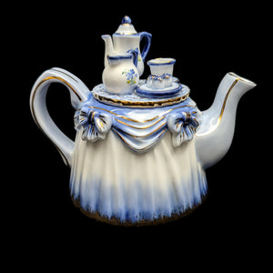 Figural "Tea Table" Teapot with Miniature Set (KPM-Style Mark), Circa Late 20th Century 💙👑✨