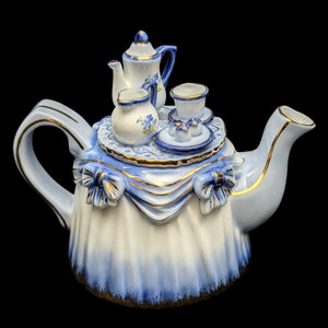 Figural "Tea Table" Teapot with Miniature Set (KPM-Style Mark), Circa Late 20th Century 💙👑✨